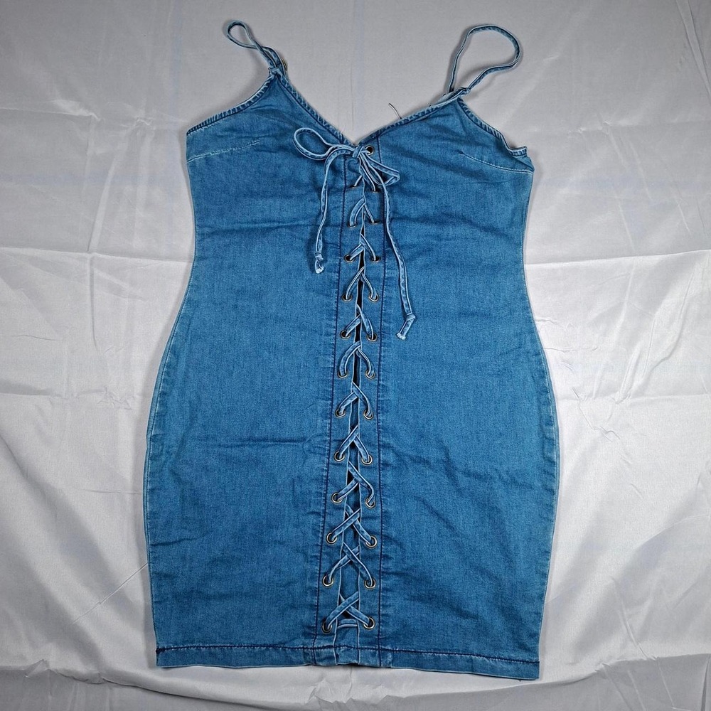 Just Quella Corset-Style Lace-Up Denim Mini Bodycon Dress